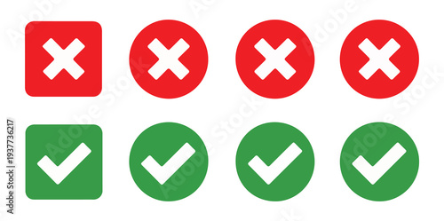 Row of square and circular check mark and cross icons in green and red colors for validation and rejection