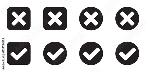 Set of eight black and white check mark and cross icons in various shapes on a white background