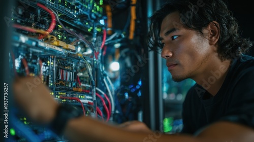 Asian it technician inspecting server racks connecting wires in data center