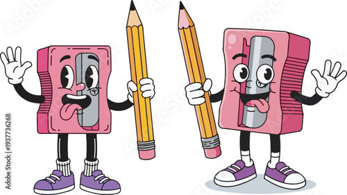 Cartoon pink pencil sharpeners with faces and arms holding yellow pencils, standing in two different poses, vector illustration for education and school supplies.
