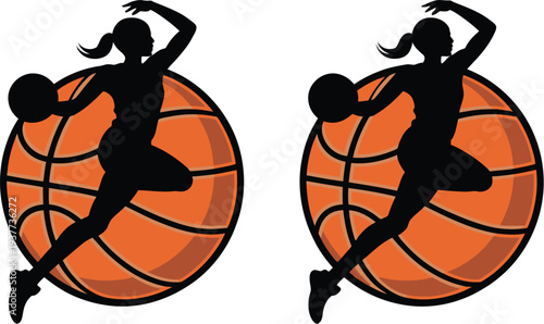 A basketball silhouette illustration of a woman playing with an orange ball