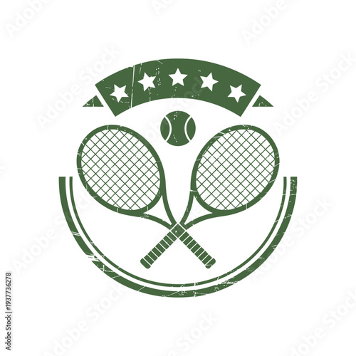 Vintage tennis emblem featuring racquets ball and stars in a circular design
