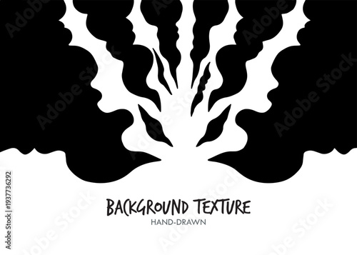 Abstract black and white graphic illustration with stylized human profiles and flame-like shapes.