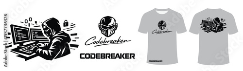 Hacker at Computer Illustration with T-Shirt Mockups - Codebreaker Cyber Security and Tech Theme