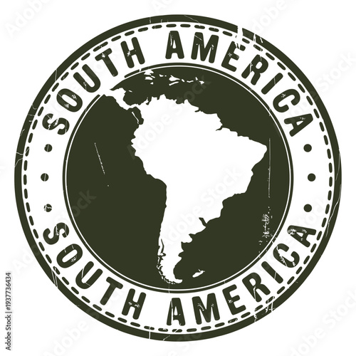 A distressed stamp illustration featuring the continent of south america