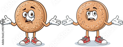 Confused Bagel Cartoon Characters Vector Illustration Set with Shrugging Gestures and Worried Expressions on White Background