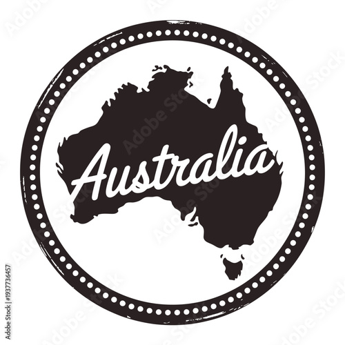 A circular stamp design featuring the continent of Australia with its name
