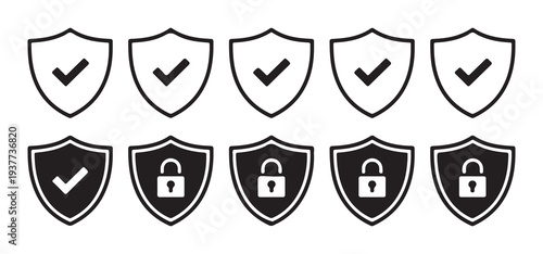 Collection of security shields with checkmarks and locked padlock icons on white background