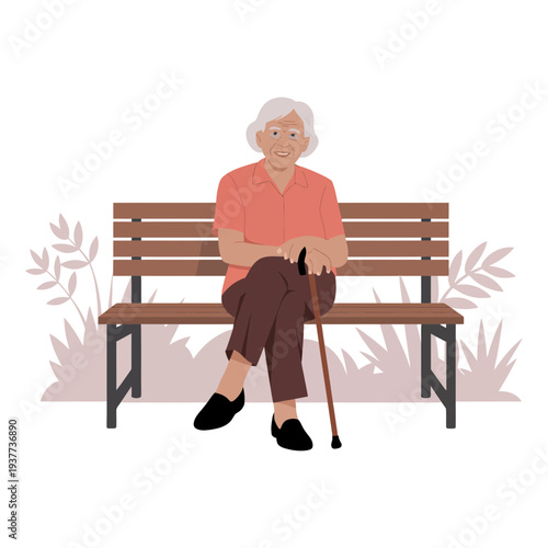 Elderly woman sitting on a wooden bench with a walking cane
