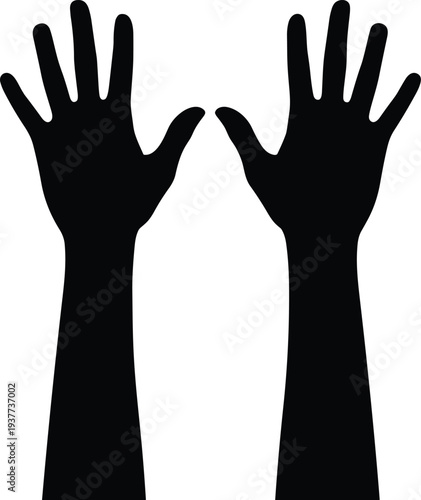 Pair of human hands and arms raised in silhouette for celebration support teamwork protest or volunteerism concept.
