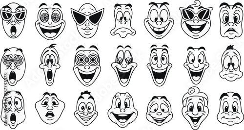 Collection of various cartoon faces with different expressions on white background