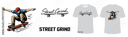 Skateboarder Grinding Illustration with T-Shirt Mockups - Street Grind Action Sport and Urban Lifestyle