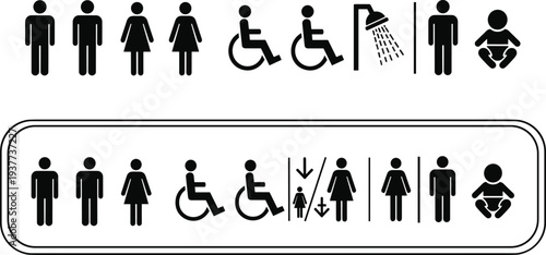 Public restroom and navigation sign icons set featuring male female disabled accessibility shower elevator baby changing station and directional symbols.