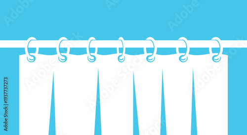 Simple white curtain hanging from a horizontal rod with several rings isolated against a bright solid blue background.