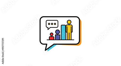 Conceptual icon inside a speech bubble showing a bar chart and a human figure representing population growth or demographics.