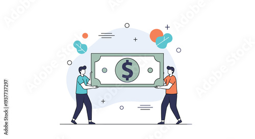 Conceptual illustration of two people working together to carry a giant dollar bill representing financial teamwork or profit.