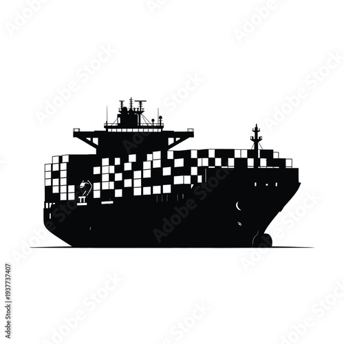 A large industrial cargo ship and nautical tug boat transport freight containers across the blue ocean water for global shipping trade