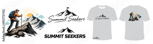Adventure hiker reaching mountain summit at sunrise, active lifestyle graphic with 'Summit Seekers' logo for apparel and merchandise