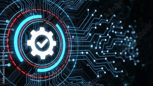 Digital gear with checkmark on futuristic circuit board background