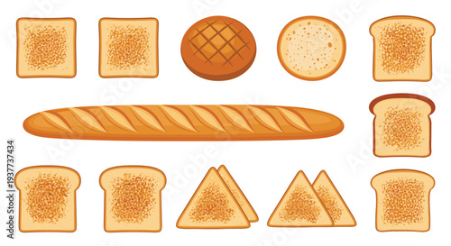Collection of various bread types including baguette, toast slices, and rolls displayed as flat vector illustrations.