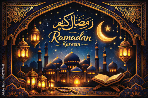 A stunning night view of the historic mosque architecture in Istanbul, Turkey, featuring a gold decorated dome and a majestic interior ceiling that reflects the religious art of this ancient landmark