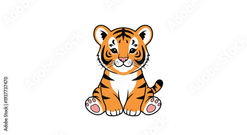 Adorable cartoon tiger cub sitting down with a friendly expression and big eyes in a simple illustration style.