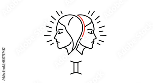 Gemini zodiac sign represented by two female faces in profile looking in opposite directions with symbolic icon.