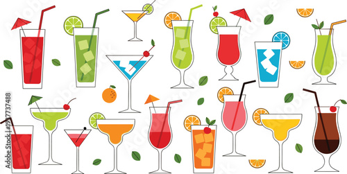 Colorful Cocktail Drink Vector Set Featuring Margarita, Mojito, Martini, Lemonade, Citrus Garnish, Ice Cubes, and Summer Party Beverages