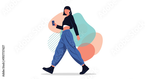 Fashionable young woman walking while holding a smartphone depicted on a background of abstract colorful shapes.