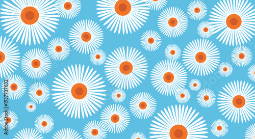 Vibrant pattern of white daisies with orange centers scattered on a bright blue background for textile design.