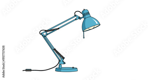 Classic blue adjustable desk lamp with an incandescent bulb and black power cord isolated on a white background.