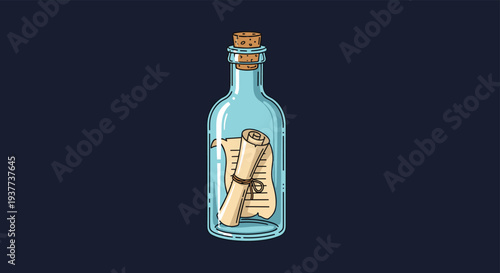 Old glass bottle containing a rolled parchment scroll tied with string shown against a solid dark navy background.