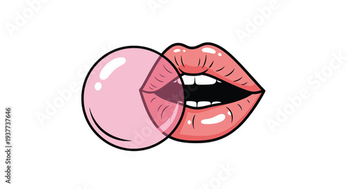 Female lips with pink lipstick blowing a large pink bubblegum bubble depicted in a trendy pop art illustration.