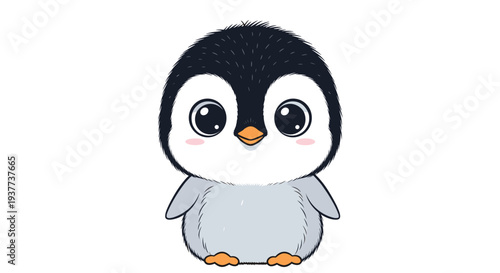 Adorable baby penguin chick with large expressive eyes and soft grey feathers depicted in a cute cartoon style.