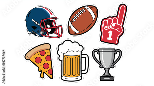 American football themed icons with food and drink and trophy