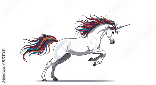 Majestic white unicorn with a colorful rainbow mane and tail galloping gracefully isolated against a white background.