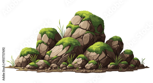 Group of brown rocks covered with green moss and small grass patches shown in a detailed digital art illustration.