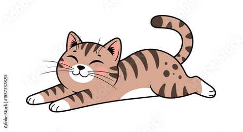 Adorable brown tabby cat stretching its body forward on a white background in a cute and charming cartoon illustration style.
