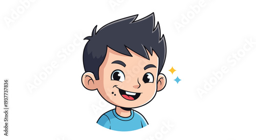 Happy cartoon boy with spiky black hair and blue shirt smiling brightly with sparkles in a character design.