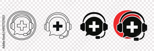 Medical Support Call Center Icons: Headset, Speech Bubble, Cross, Flat Design Vector Illustration