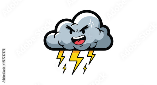 Angry storm cloud with lightning bolts coming out of it in a bold cartoon style representing bad weather or rage.