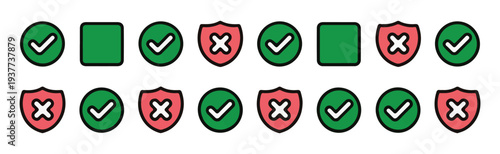 Verification icons collection featuring green check marks and red cross symbols in circles and shield shapes