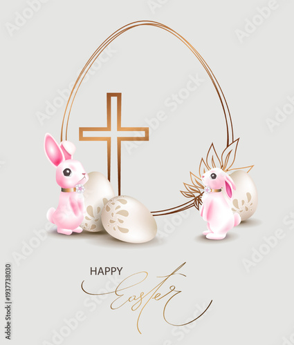 Happy Easter. Isolated design element with Easter eggs and two cute bunnies.