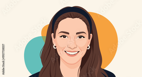 Portrait of a smiling woman with long brown hair and a headband against a colorful and modern abstract background.