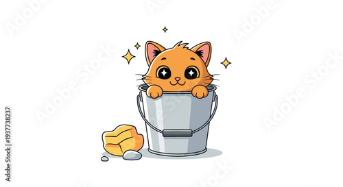 Cute orange kitten sitting inside a silver metal bucket with sparkling stars in a charming pet illustration.