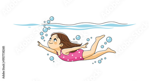 Young girl swimming underwater with air bubbles wearing a pink polka dot swimsuit in a fun and active summer scene.