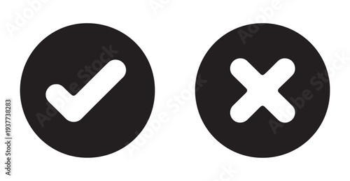 Black and white check mark and cross symbols in circular frames for interface design and status indication