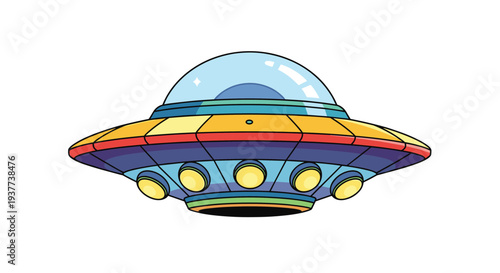 Colorful cartoon flying saucer spaceship or UFO with a glass dome and bright lights in a fun sci-fi illustration.
