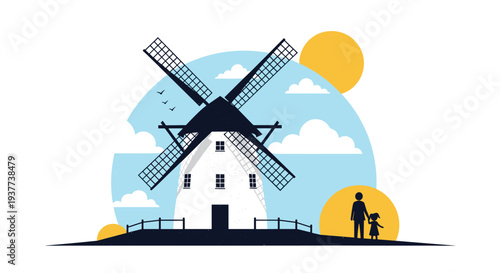 Traditional white windmill silhouette with people walking in the distance against a sunset sky illustration.