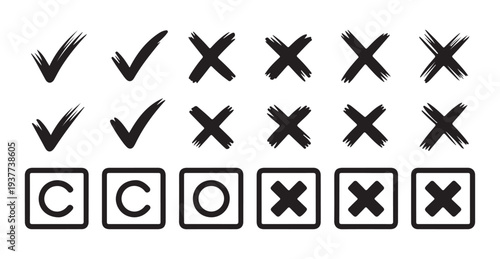 Collection of hand drawn check marks, crosses, and circle symbols in square boxes on white background.